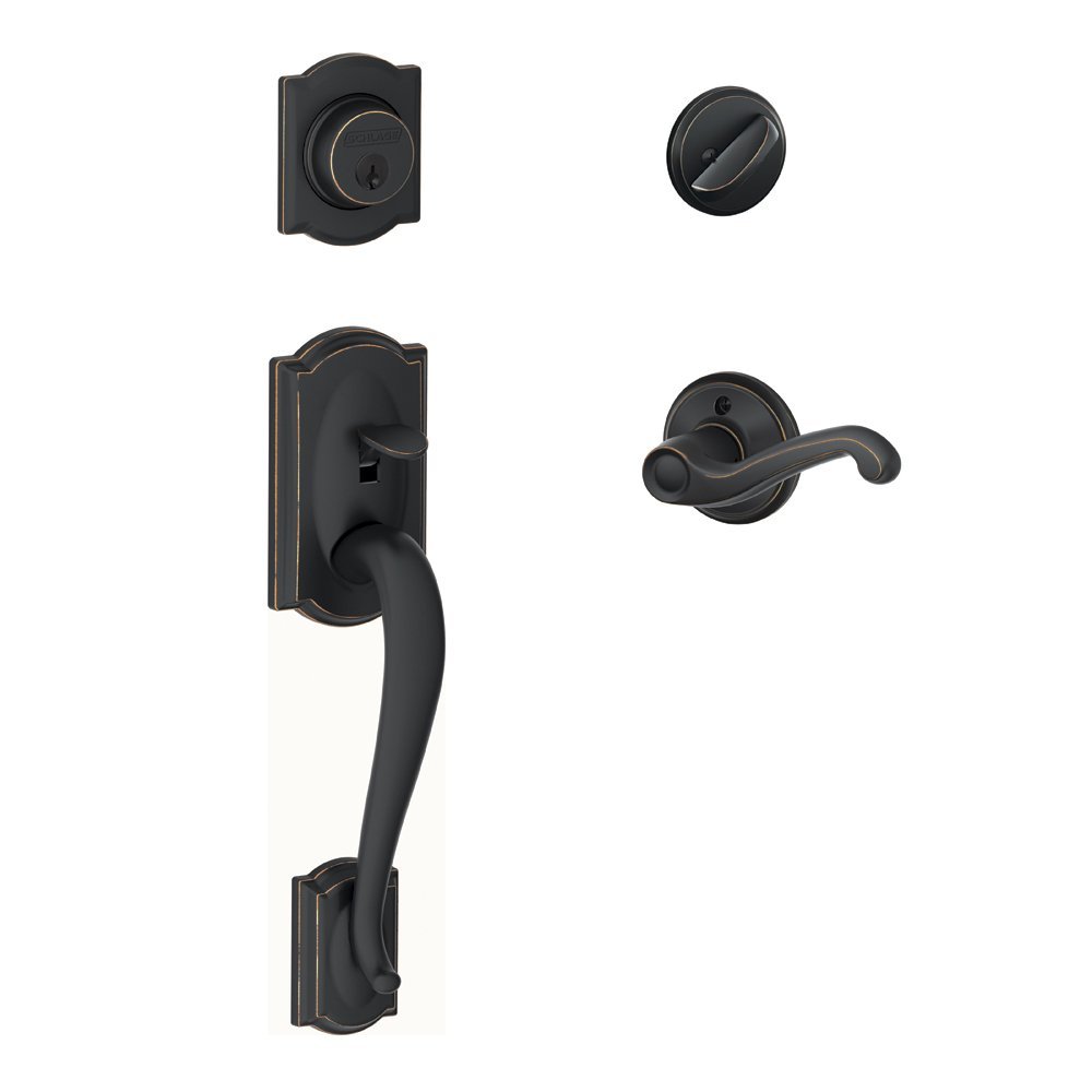 SCHLAGE Lock Company Camelot Single Cylinder Handleset and Left Hand Flair Lever, Aged Bronze (F60 CAM 716 FLA LH)
