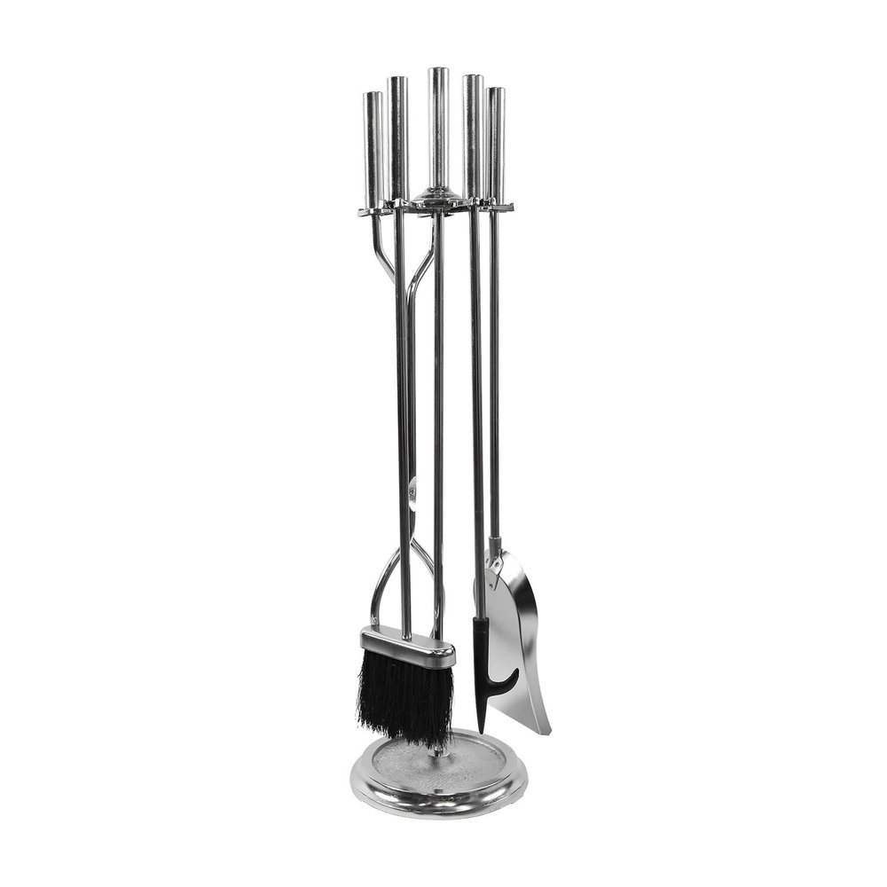 Minuteman International Neoclassic 5 Piece Fireplace Iron Tool Set with Shovel, Tongs, Tampico Fiber Brush, Steel Tip Poker, & Stand, Polished Chrome