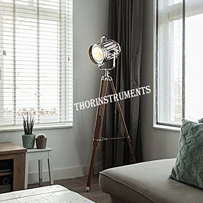 THOR INSTRUMENTS Vintage Chrome Designer Modern Spot Light with Brown Wooden Tripod Floor Stand Rustic Vintage Home Decor Gifts