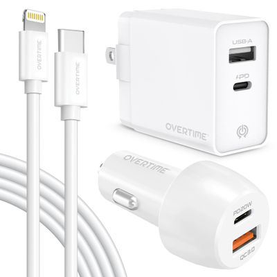 Overtime 3PC Charging Kit, Wall and Car Charger, Apple MFI Certified Lightning to USB-C 6ft Charging Cable for iPhone/iPad & iPod - White