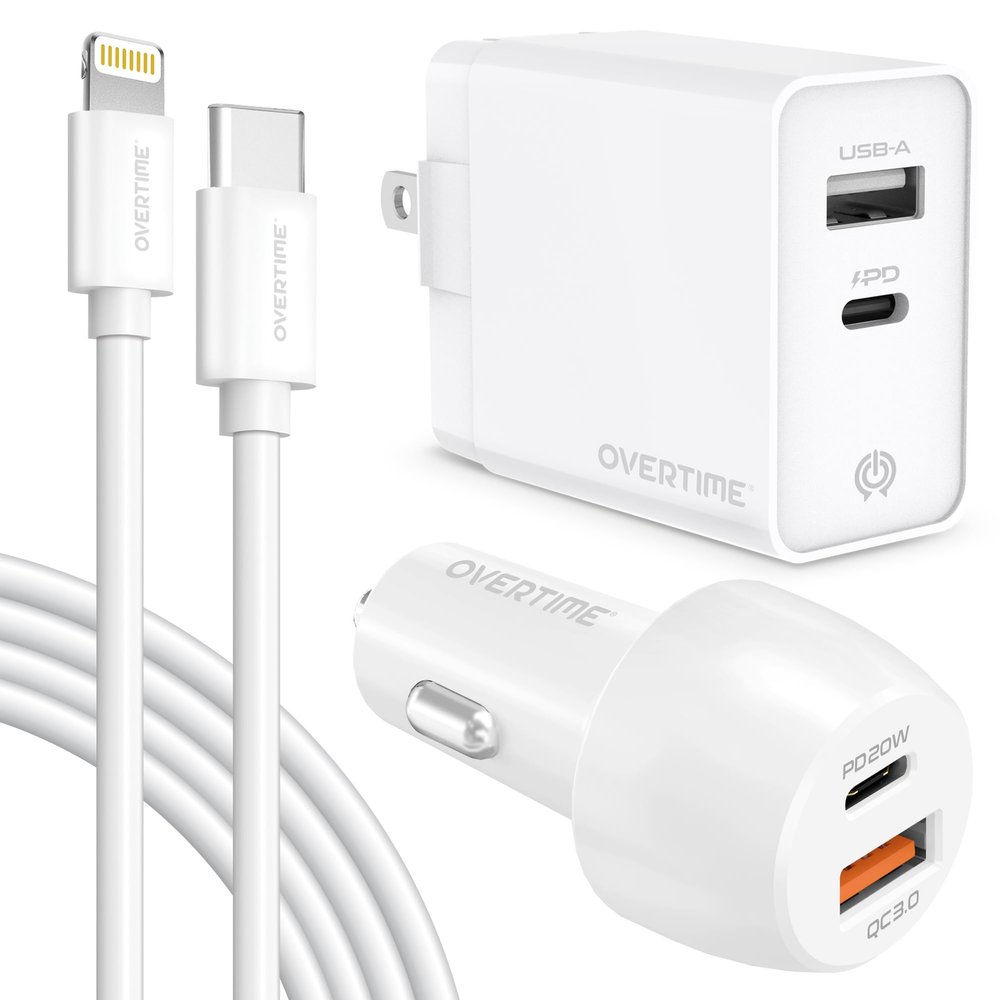 Overtime 3PC Charging Kit, Wall and Car Charger, Apple MFI Certified Lightning to USB-C 6ft Charging Cable for iPhone/iPad & iPod - White