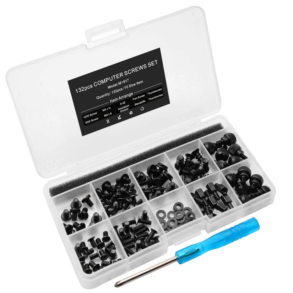 132pcs PC Build & Repair Screw Kit with Screwdriver for Motherboard, GPU,HDD, SSD,Case Fans -Includes Standoffs & Thumbscrews