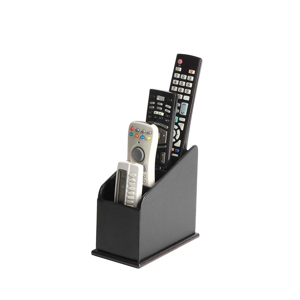 JACKCUBE DESIGN 4 Compartments Black Leather Remote Control Organizer Holder, Controller TV Guide, Media Storage Box  :MK292A