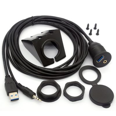 BSHTU USB 3.0 Flush Mount Cable - USB 3.0 and 3.5mm Aux Extention Mount, Flush, Dash, Panel Mount Cable 1/8 AUX for Car Bike Boat Motorcycle Radio Stereo Android (2 Meter/6Ft)