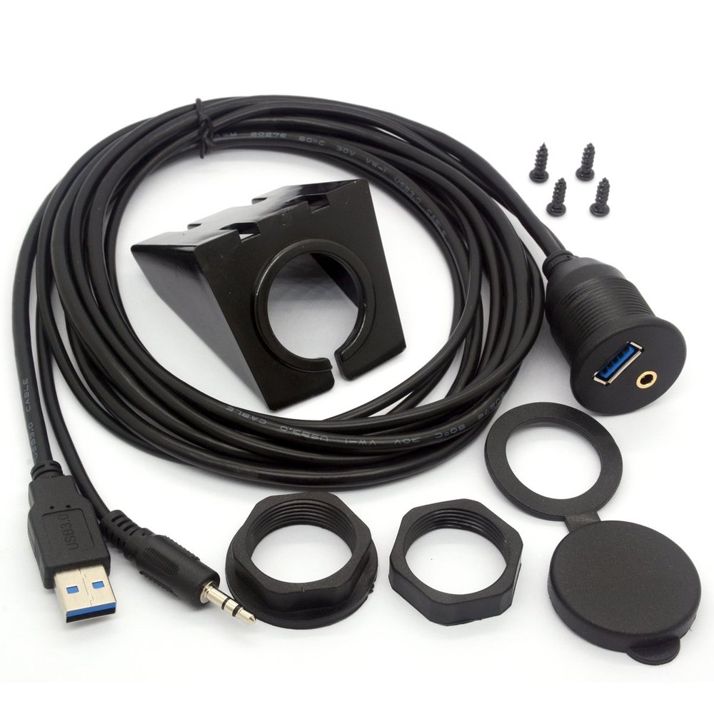 BSHTU USB 3.0 Flush Mount Cable - USB 3.0 and 3.5mm Aux Extention Mount, Flush, Dash, Panel Mount Cable 1/8 AUX for Car Bike Boat Motorcycle Radio Stereo Android (2 Meter/6Ft)