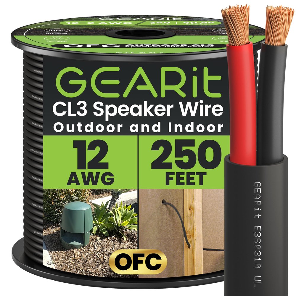 GEARit Outdoor Speaker Wire CL3 Rated, 12 Gauge Speaker Wire, Speaker Cable 250 ft for Outdoor Speakers, Patio, Garden, Backyard Audio, Direct Burial in Ground/in Wall, OFC (Black, 2-Conductors)