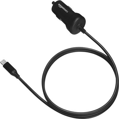 Amazon Basics MFi Certified 12W (5V, 2.4A) Car Charger with Lightning Cable for iPhone and Apple Devices, 3 ft, Black
