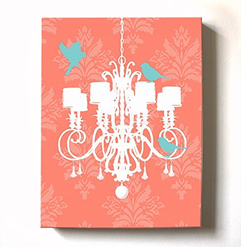 Modern Paris Shabby Chic Chandelier - Paisley & Lovebirds Stretched Canvas Nursery Decor - Wall Art that Makes a Memorable Baby Gift - Wooden Frame Construction - Ready to Hang 11X14