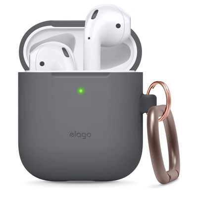 elago Silicone Case with Keychain Compatible with Apple AirPods Case 1 & 2, Front LED Visible, Supports Wireless Charging, Protective Silicone [Dark Grey]