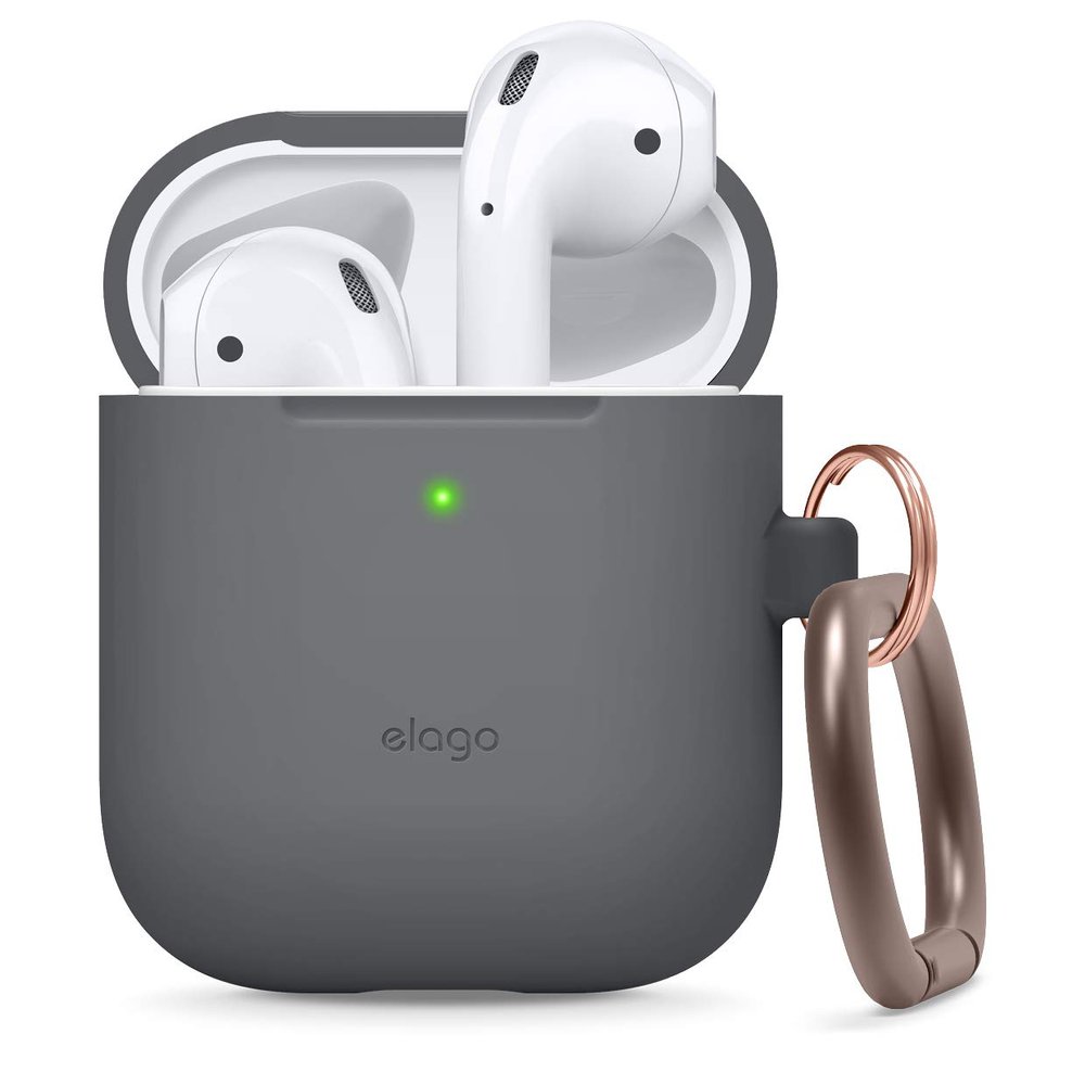 elago Silicone Case with Keychain Compatible with Apple AirPods Case 1 & 2, Front LED Visible, Supports Wireless Charging, Protective Silicone [Dark Grey]