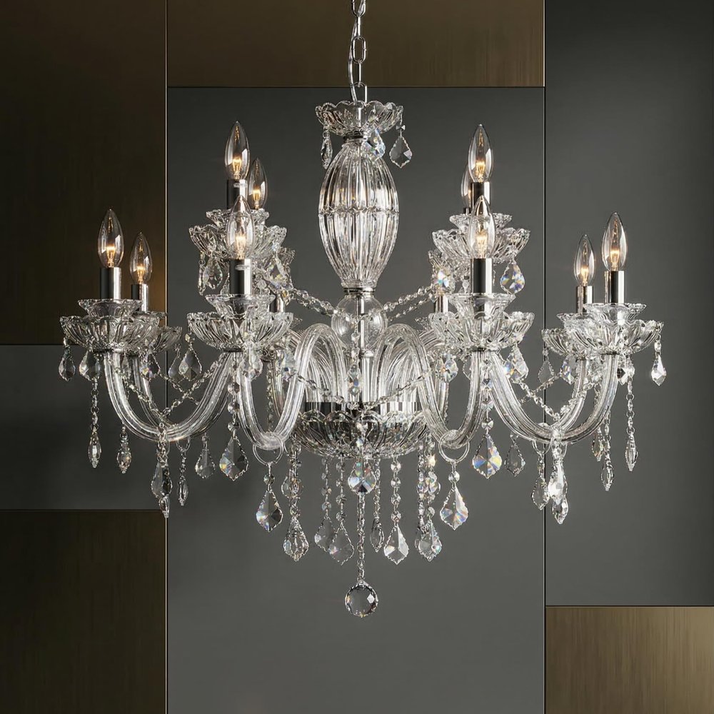 Maxax 12 Lights Crystal Chandelier, Modern Pendant Light Fixture Hanging Raindrop, Chain Adjustable Ceiling Lighting, E12 Base, for Dining Room, Hallway, Kitchen, Chrome