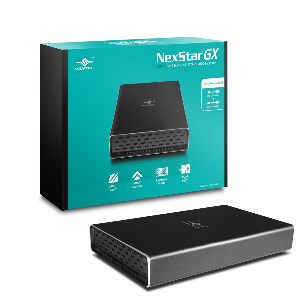 Vantec NexStar Gx USB 3.1 Gen 2 Type-C 2.5 SATA SSD/HDD Enclosure for 9.5mm & 7mm Height Drive; Comes with C to C and C to A Cable; Aluminum Casing; (NST-271C31-BK),Black
