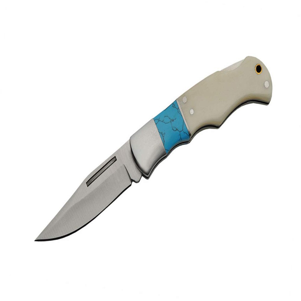 3.5" Blue Baby Faux Turquoise Pocket Folding Edc Knife Stainless Steel Blade Bone Handle