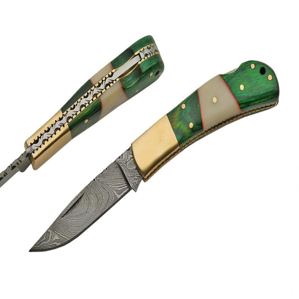 Green Wood Bone Handmade Damascus Steel Folding 7 inches Pocket Knife with File-Work