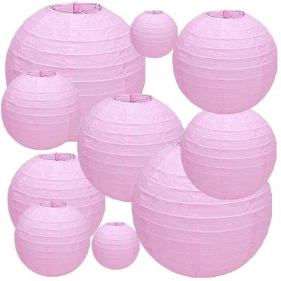 Kinteshun Folding Round Paper Lantern Reusable Chinese/Japanese Style Hanging Ornament Lamp Cover for Garden Birthday Party Decoration Supplies(Pink,10pcs Assorted Sizes)