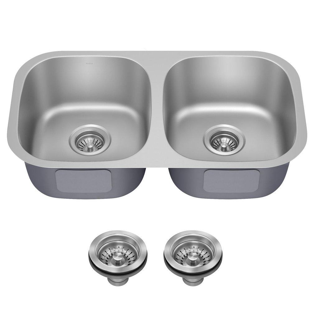 KRAUS Premier 32-inch Undermount 50/50 Double Bowl 18-Gauge Stainless Steel Kitchen Sink with Strainers (x2), KBU22