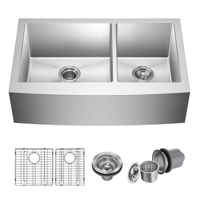 KRAUS Standart Pro 33-Inch Apron Front Farmhouse 16-Gauge 60/40 Double Bowl Stainless Steel Kitchen Sink, KHF203-33