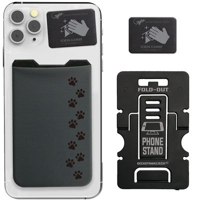 Gecko Travel Tech Phone Wallet - Cell Phone Stand - Adhesive Card Holder - Stick on Spandex Pocket - Carry Credit Cards and Cash (DOG PAW - GRAY)
