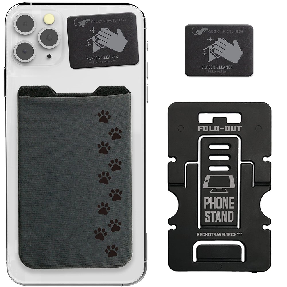 Gecko Travel Tech Phone Wallet - Cell Phone Stand - Adhesive Card Holder - Stick on Spandex Pocket - Carry Credit Cards and Cash (DOG PAW - GRAY)