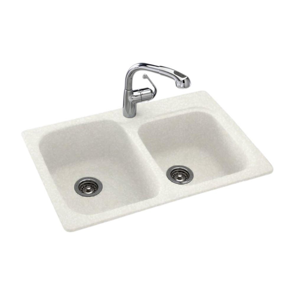 Swanstone KS03322DB.011 Solid Surface 1-Hole Dual Mount Double-Bowl Kitchen Sink, 33-in L X 22-in H X 9-in H, Tahiti White