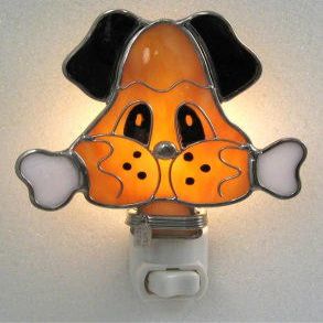 Cute Basset Hound Dog and Bone Night Light  Real Stained Glass with Painted Face  Silver Finish  Includes 5 Watt Bulb  Standard Night Light Base