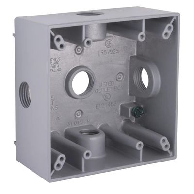 2-Gang Weatherproof Box, Five 1/2 in. Threaded Outlets, Gray