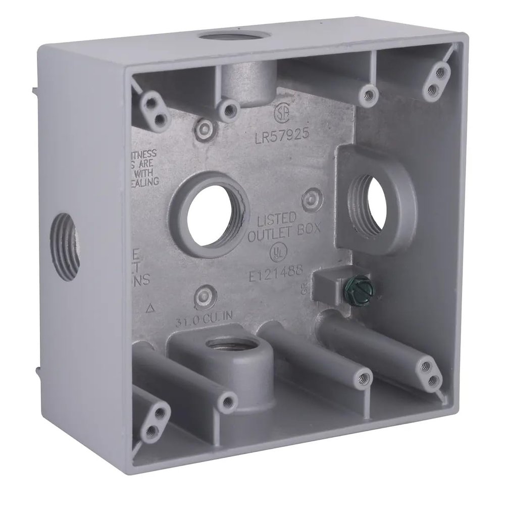 2-Gang Weatherproof Box, Five 1/2 in. Threaded Outlets, Gray