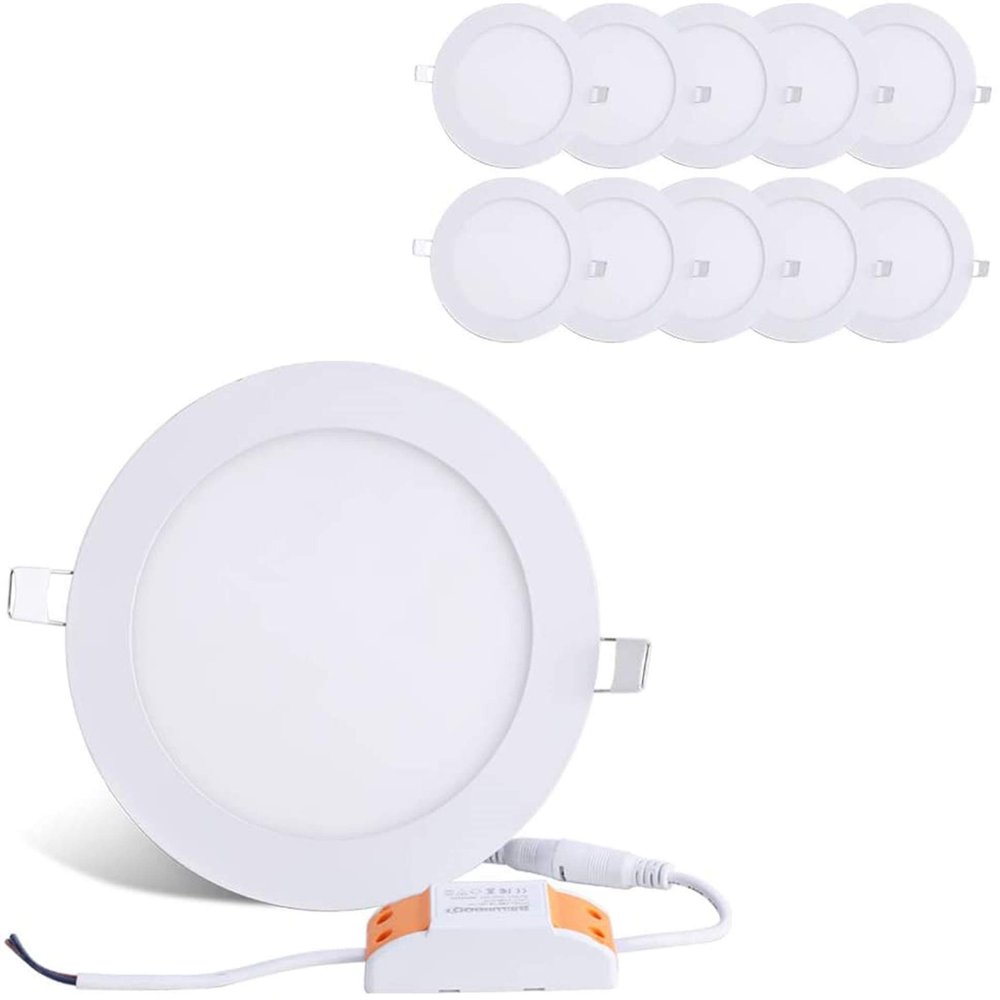 BRILLIHOOD 12W 6-inch Ultra-Thin Round LED Recessed Ceiling Panel Down Light with Driver, 1,000 Lumens, 80W Incandescent Equivalent, Home, Office, Commercial Lighting - Pack of 10, 5000K Daylight