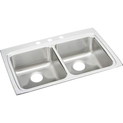 Elkay LRAD3322503 18 Gauge/33" x 22" x 5" Double Bowl Top Mount Kitchen Sink with 3 Hole, Stainless Steel