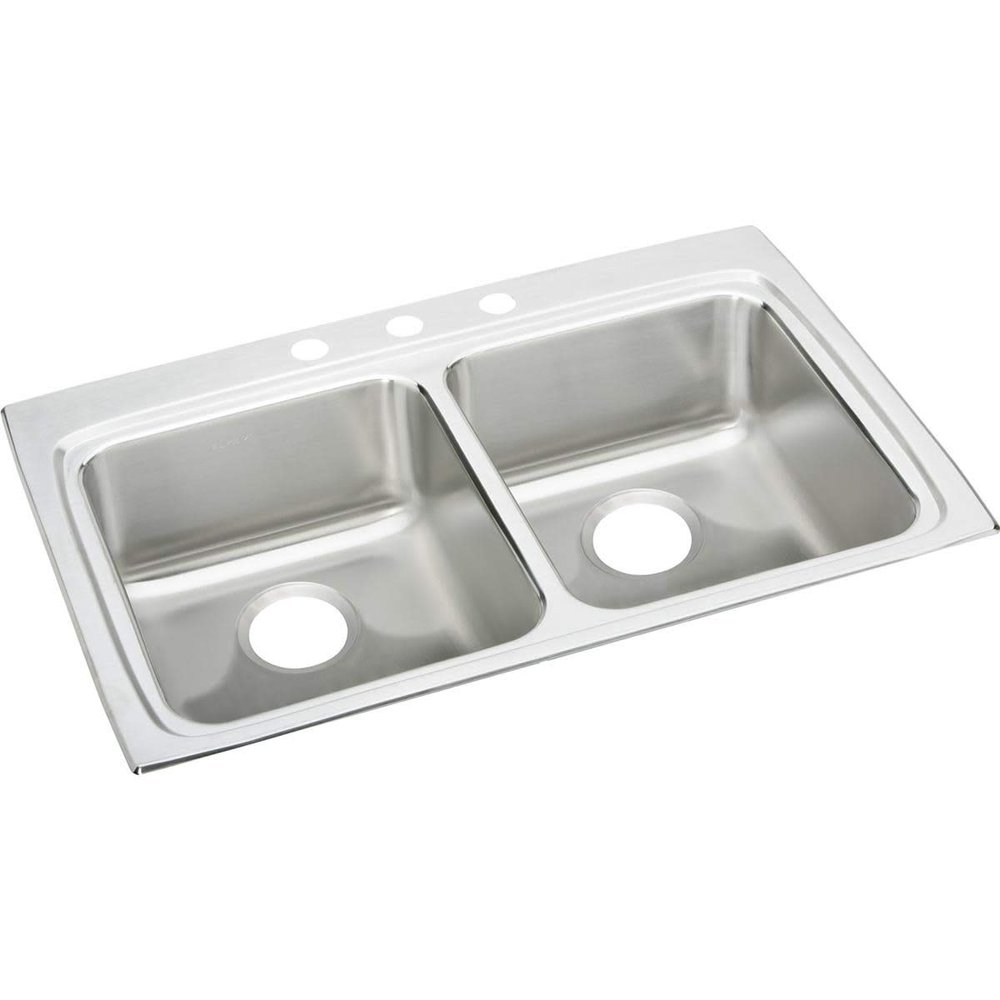 Elkay LRAD3322503 18 Gauge/33" x 22" x 5" Double Bowl Top Mount Kitchen Sink with 3 Hole, Stainless Steel