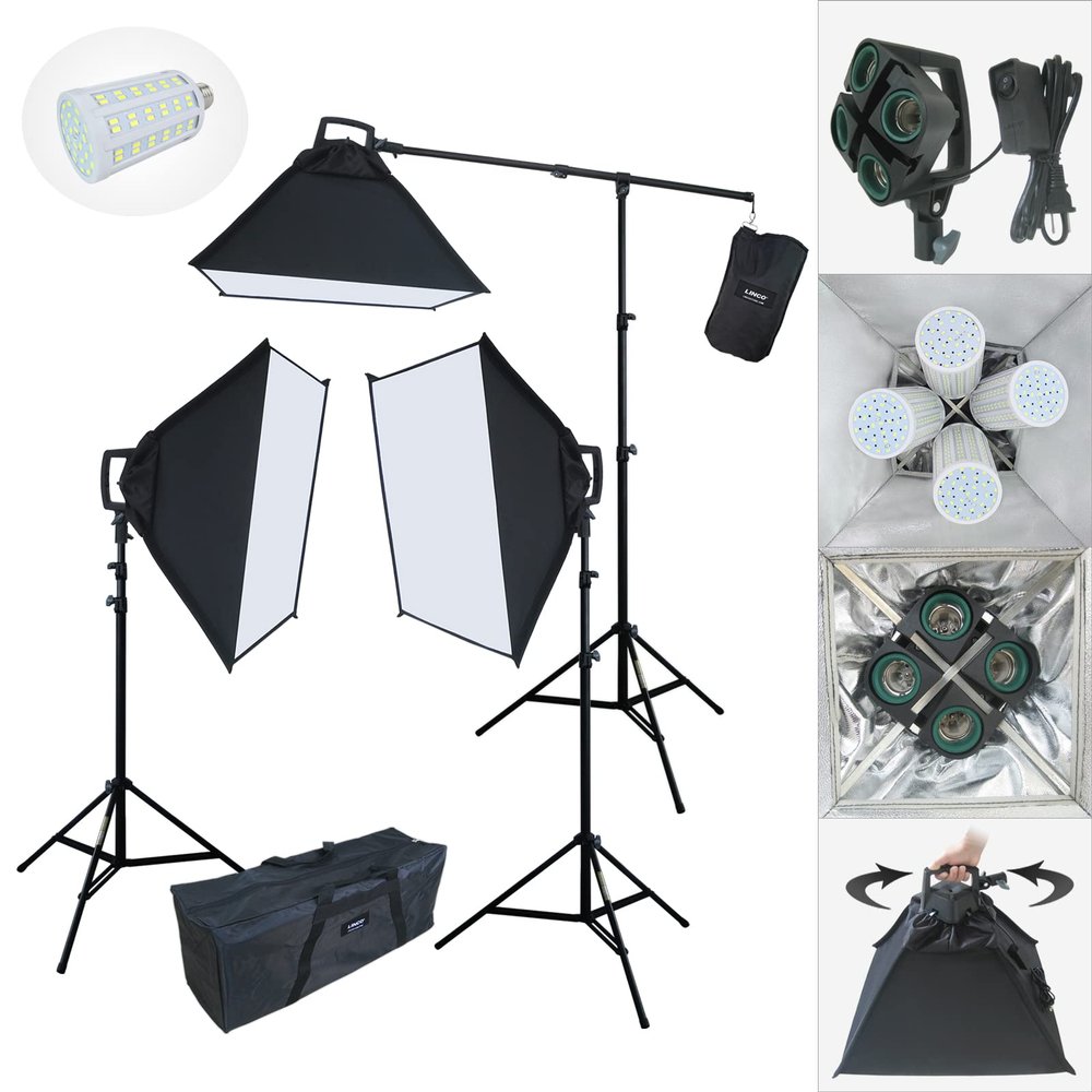 LINCO Lincostore LED Continuous Photography Video Studio 3 Softbox Boom Stand Digital Video Hair Lighting AM171 w/ 12pcs LED Light Bulb