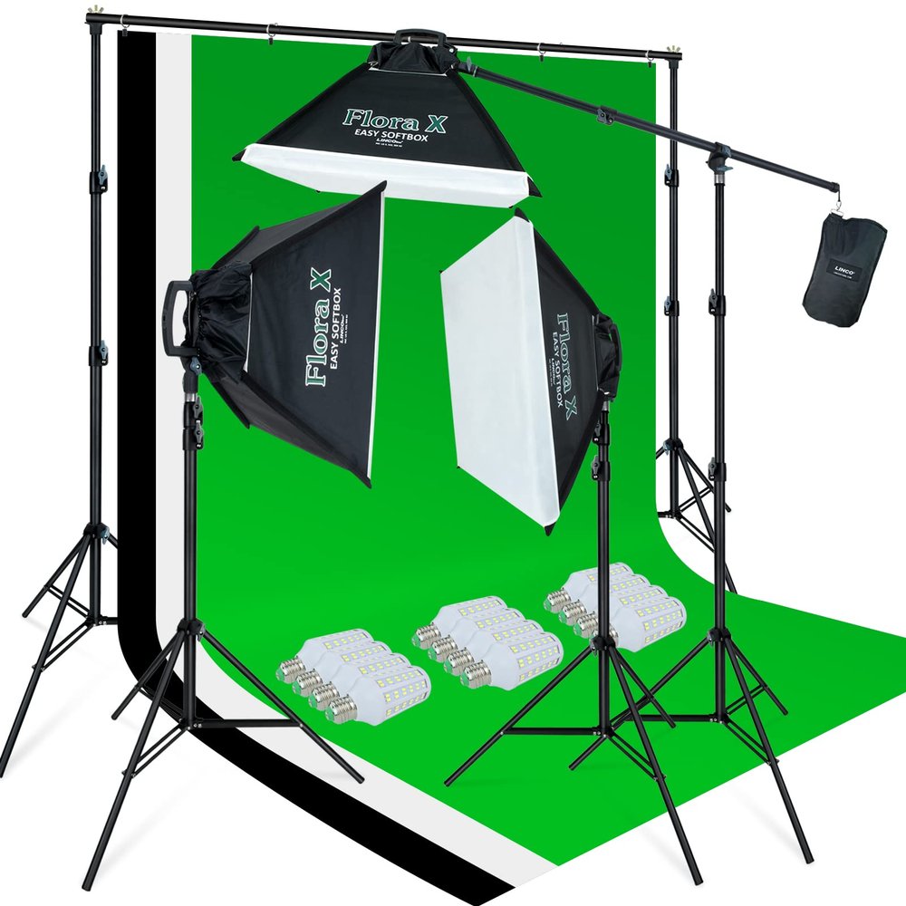 LINCO Lincostore Photo Studio Lighting Kit with 3 Color Muslin Backdrop Stand Photography Flora X Fluorescent 4-Socket Light Bank and Auto Pop-Up Softbox - Only Takes 3 Seconds to Set-up AM173
