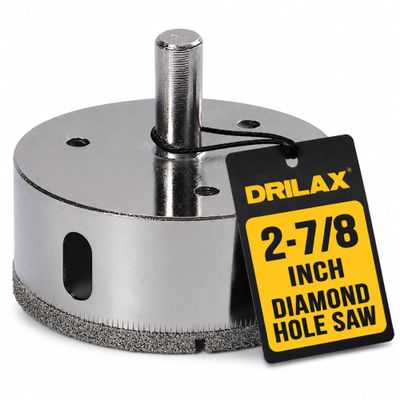 Drilax 2-7/8 Inch Diamond Hole Saw with 1-1/8 Inch Depth for Glass