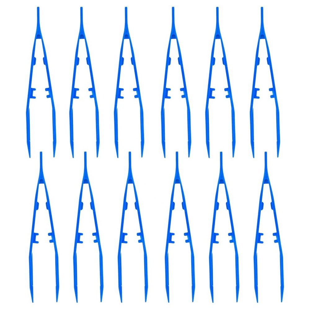 SE 7-Inch 12-Piece Blue Lightweight Plastic Tweezer Set - Non-Magnetic, Serrated Jaw, Textured Grip for Crafts, Electronics, and First Aid - 365PT12