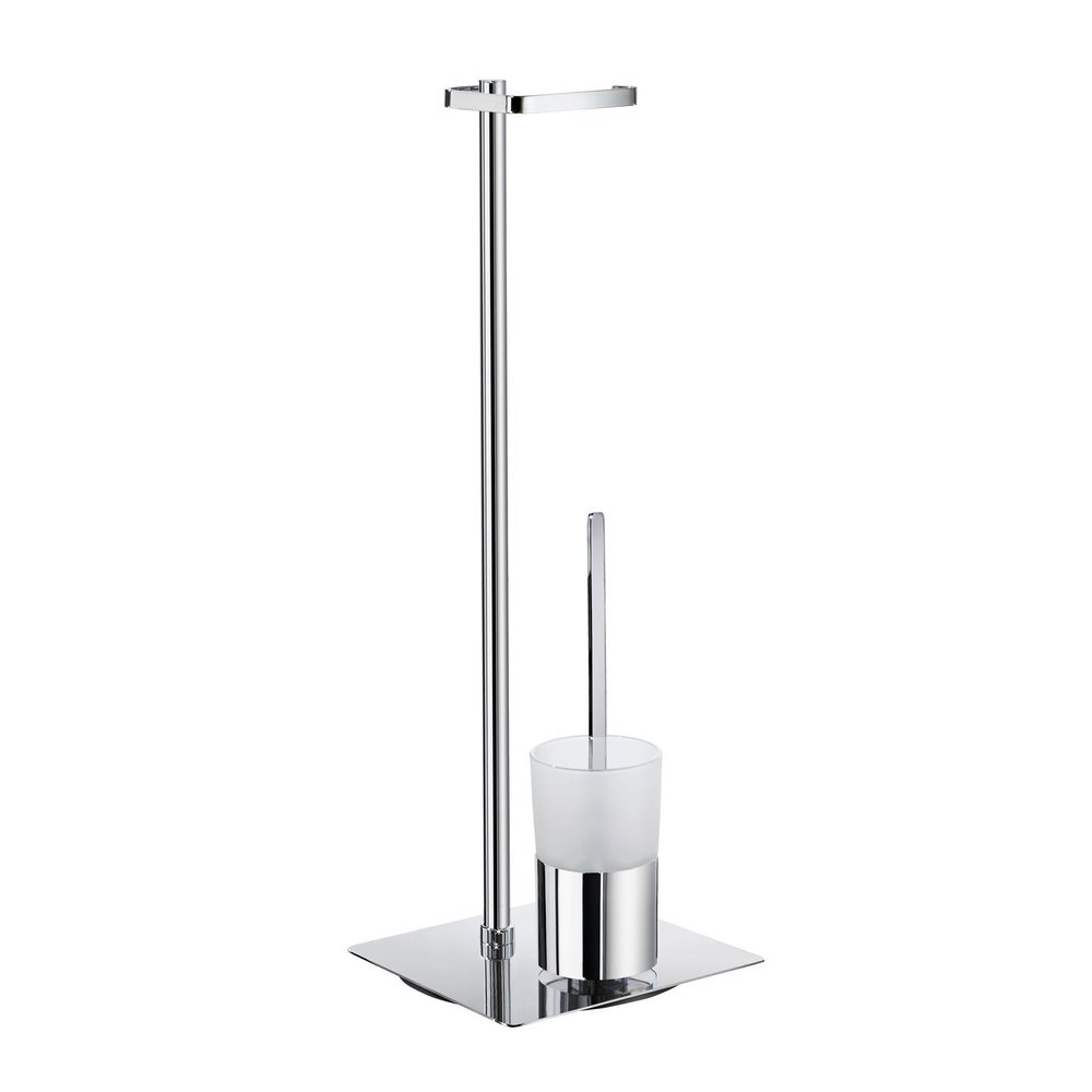 Smedbo FK322 Toilet Roll Holder (Freestanding)/Toilet Brush With Frosted Glass Container, Polished Chrome/Frosted Glass