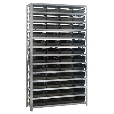 Quantum Storage 1275-107 Steel Shelf Bin Organizer System, 48 4"H Hopper-Front Bins, 13-Shelf Unit, 400 lb Per Shelf, for Warehouse, Shop, Garage & Stockroom, 12"D x 36"W x 75"H, Black