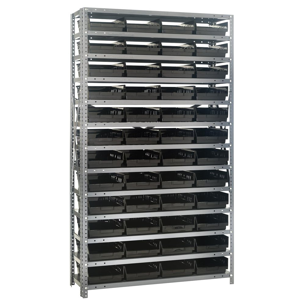 Quantum Storage 1275-107 Steel Shelf Bin Organizer System, 48 4"H Hopper-Front Bins, 13-Shelf Unit, 400 lb Per Shelf, for Warehouse, Shop, Garage & Stockroom, 12"D x 36"W x 75"H, Black