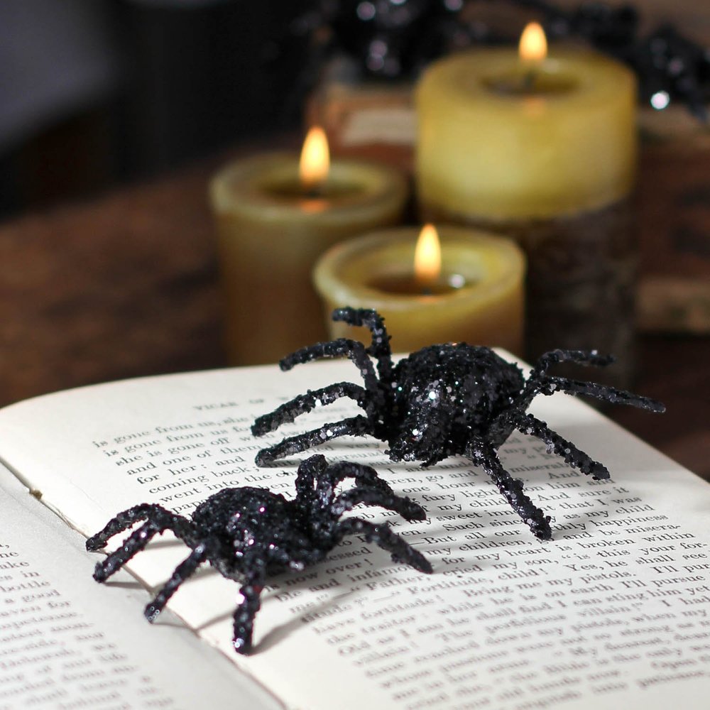 Factory Direct Craft 24 Glittered Black Plastic Creepy Scarey Spiders for Halloween Decorations, Spooky Costumes, Haunted House