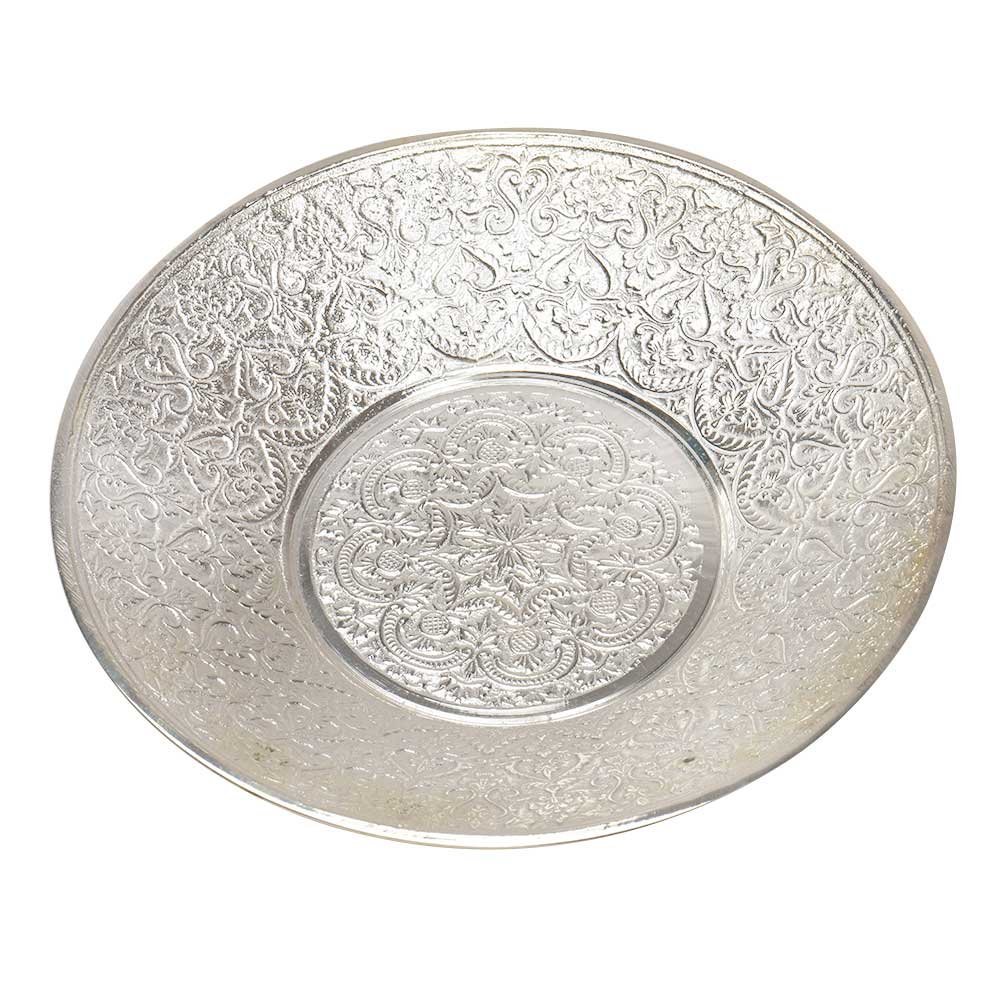 Indian Shelf Vocalforlocal Handmade Vintage Brass Plated Embossed Flower Motif Plate Pack of 1 Indian Kitchen Utensils