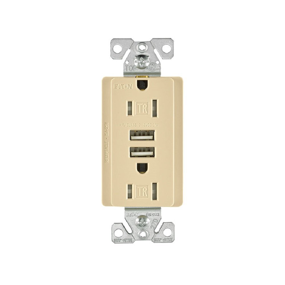 Eaton TR7755V-BOX 15 Amp 125V Combination USB 3.1A Charger with Duplex Receptacle, Ivory