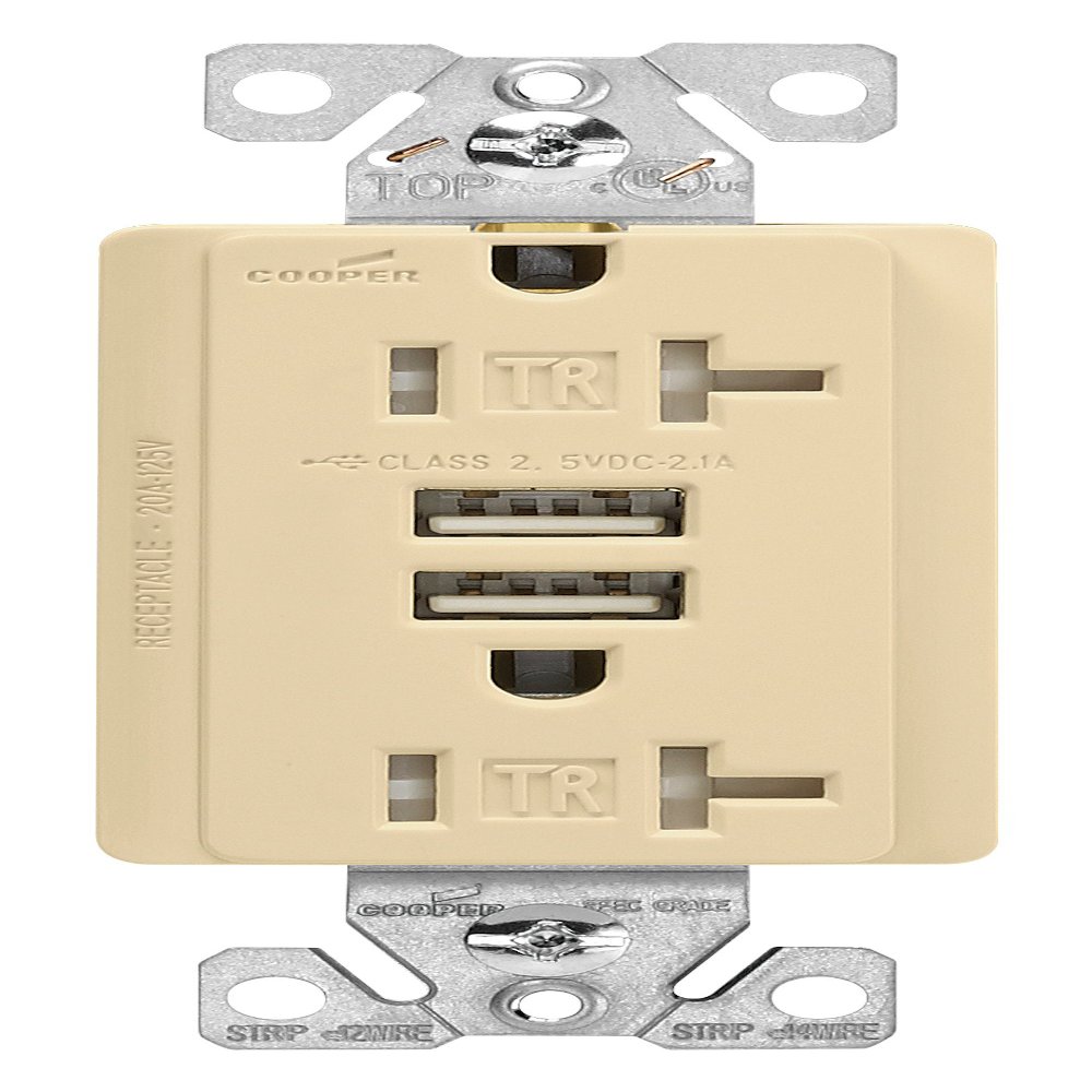 Eaton TR7756V 20 Amp 125V Combination USB 3.1A Charger with Duplex Receptacle, Ivory