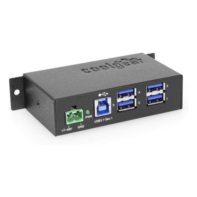 Coolgear 4 Port USB 3.0 Powered Industrial USB Hub, 5Gbps Speeds, Metal Housing, 7-48V DC Input, Wall and DIN-Rail Mountable, ESD Surge Protection - PC, MAC Compatible