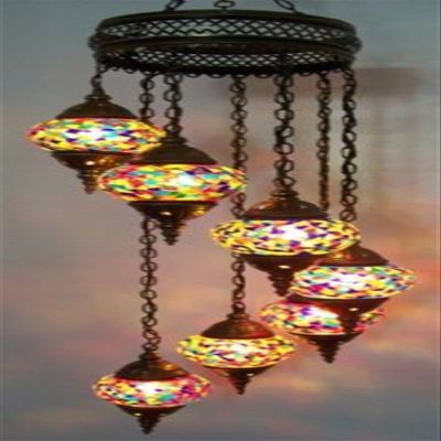 Handmade, Authentic, Mosaic Chandelier, Tiffany Style Glass, Moroccan/Ottoman Style Night Lights (Multi-Colored, 7 Globes)