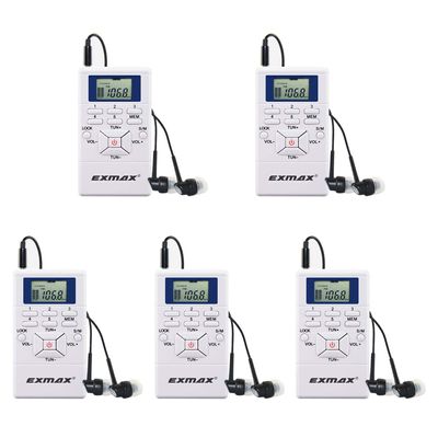 EXMAX E108 Wireless Portable Pocket DSP FM Stereo Radio Digital Receiver with Mini LCD Clock Earphone for Tour Guide System Teaching Meeting - 5 Pack (White)