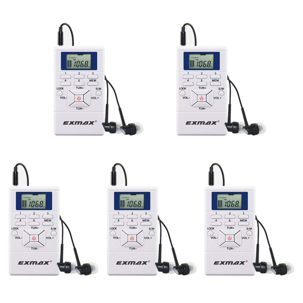 EXMAX E108 Wireless Portable Pocket DSP FM Stereo Radio Digital Receiver with Mini LCD Clock Earphone for Tour Guide System Teaching Meeting - 5 Pack (White)
