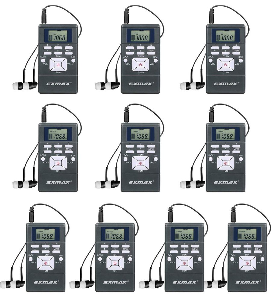 EXMAX EXG-108 Wireless Portable Pocket DSP FM Stereo Radio Digital Receiver with Mini LCD Clock Earphone for Tour Guide System Teaching Meeting - 10 Pack (Gray)