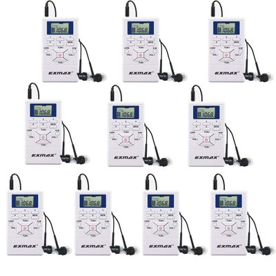 EXMAX E108 Wireless Portable Pocket DSP FM Stereo Radio Digital Receiver with Mini LCD Clock Earphone for Tour Guide System Teaching Meeting - 10 Pack (White)
