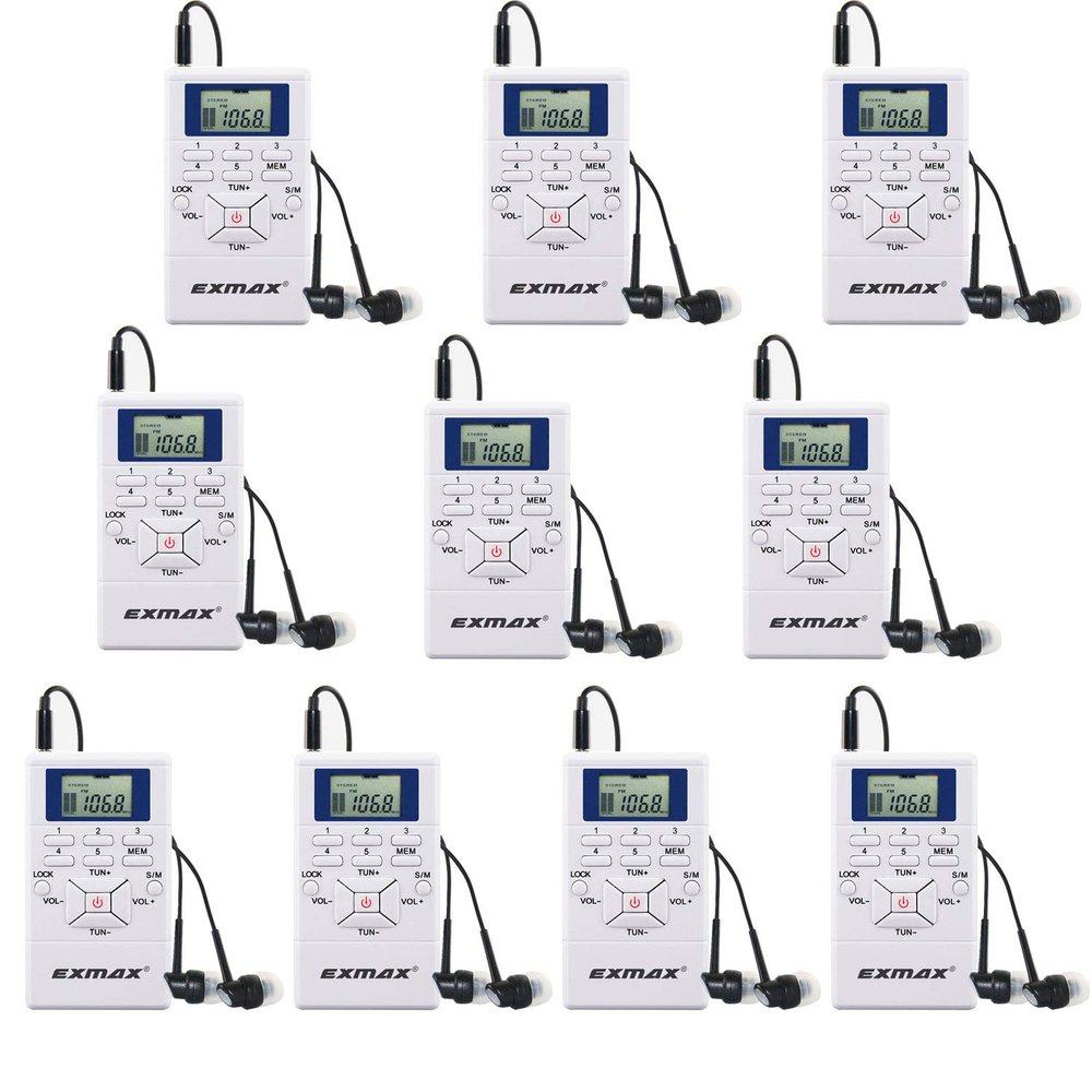 EXMAX E108 Wireless Portable Pocket DSP FM Stereo Radio Digital Receiver with Mini LCD Clock Earphone for Tour Guide System Teaching Meeting - 10 Pack (White)