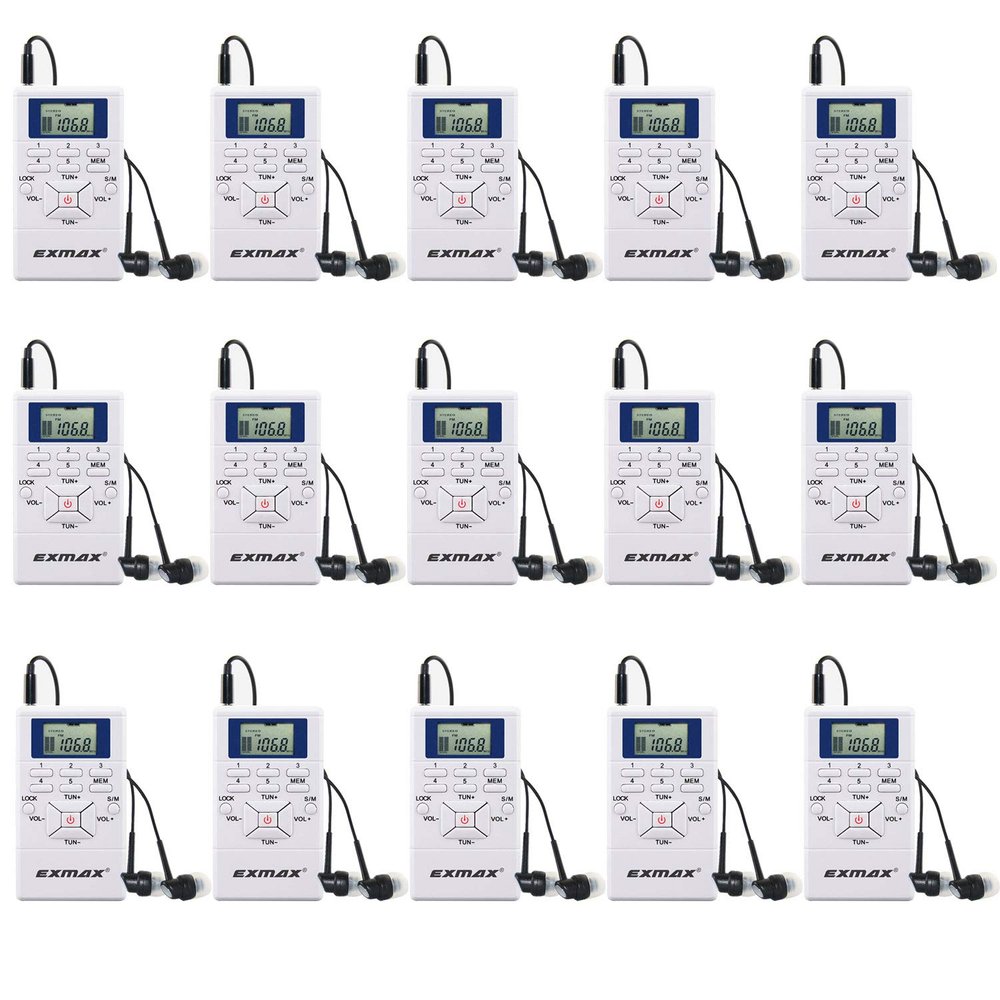 EXMAX E108 Wireless Portable Pocket DSP FM Stereo Radio Digital Receiver with Mini LCD Clock Earphone for Tour Guide System Teaching Meeting - 15 Pack (White)