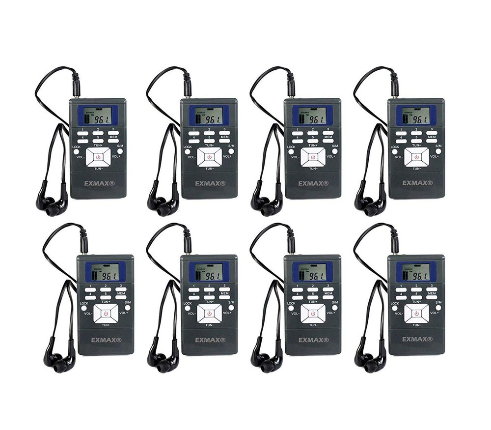 EXMAX EXG-108 Wireless Portable Pocket DSP FM Stereo Radio Digital Receiver with Mini LCD Clock Earphone for Tour Guide System Teaching Meeting - 8 Pack (Gray)